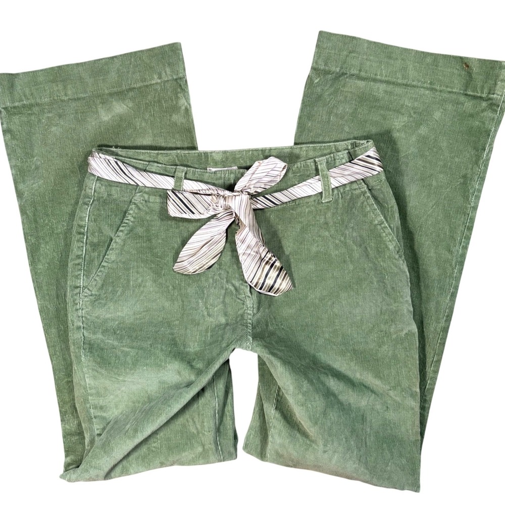 Y2K Boho‎ Flare Green Corduroy Wide Leg Pants Stretch Size 8 Tie Belt